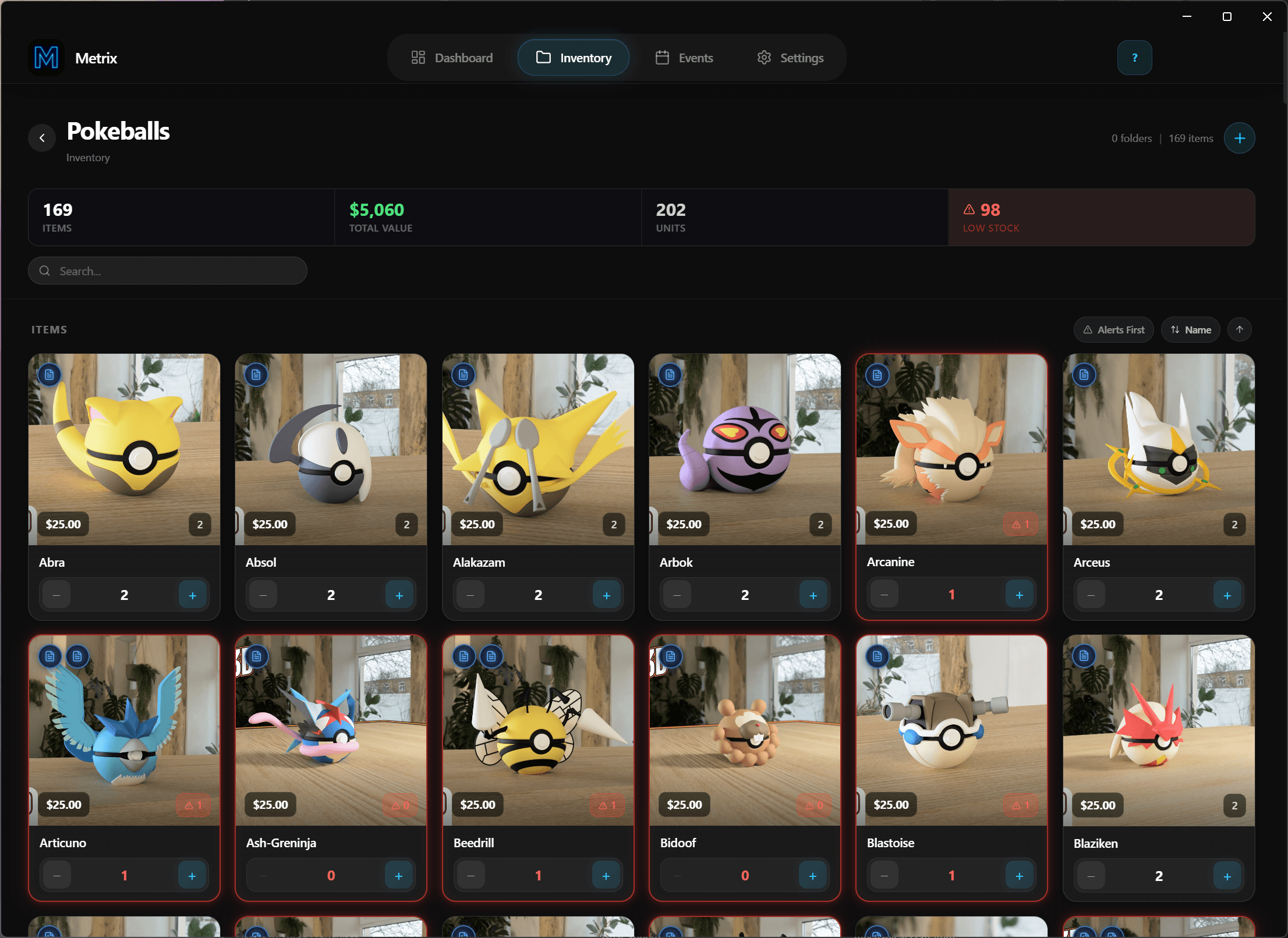 Metrix Inventory — desktop app showing item grid with photos, prices, quantities, and low stock alerts