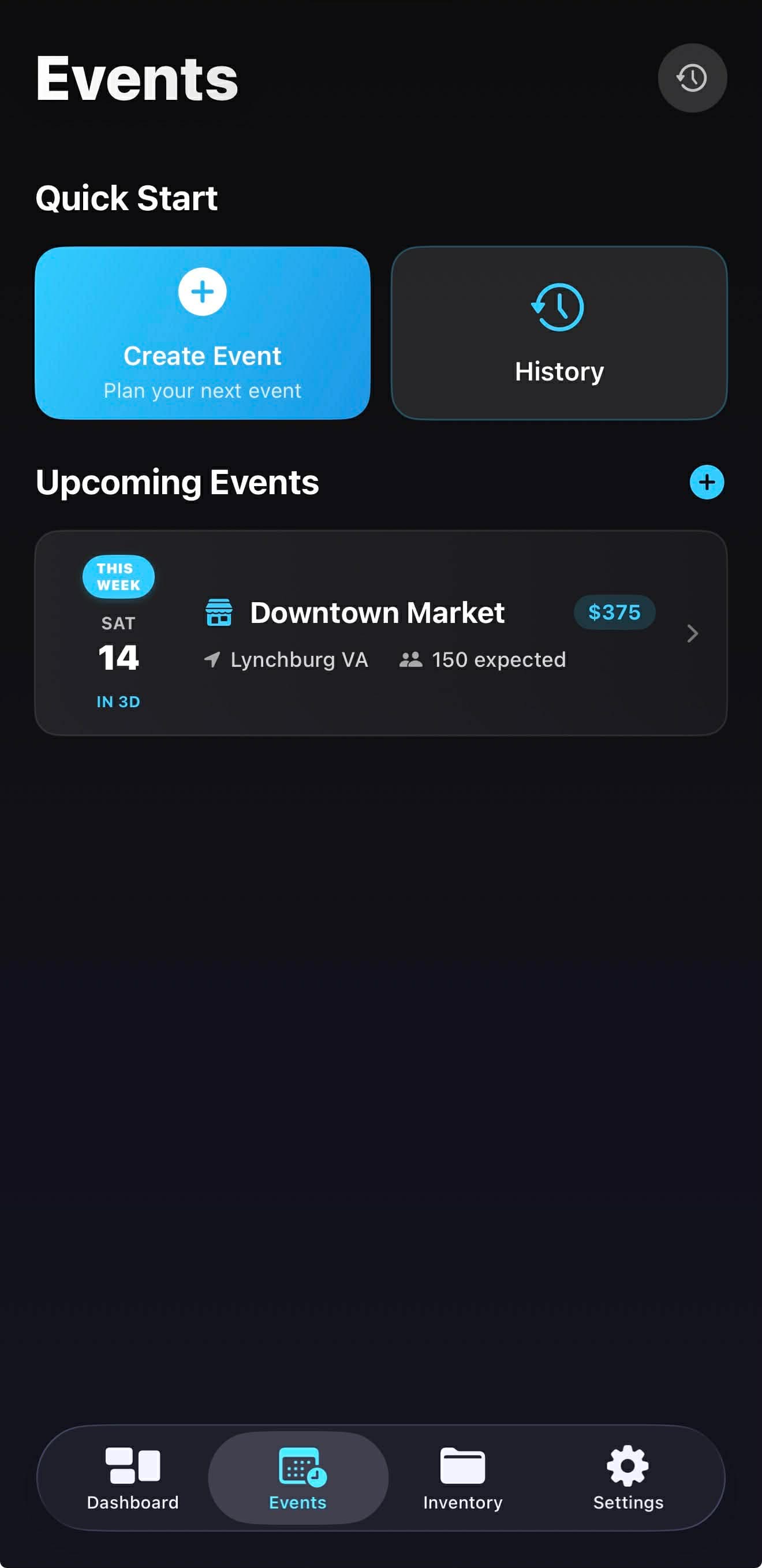 Metrix iOS — Events page showing upcoming Downtown Market event with date, location, expected attendance, and revenue