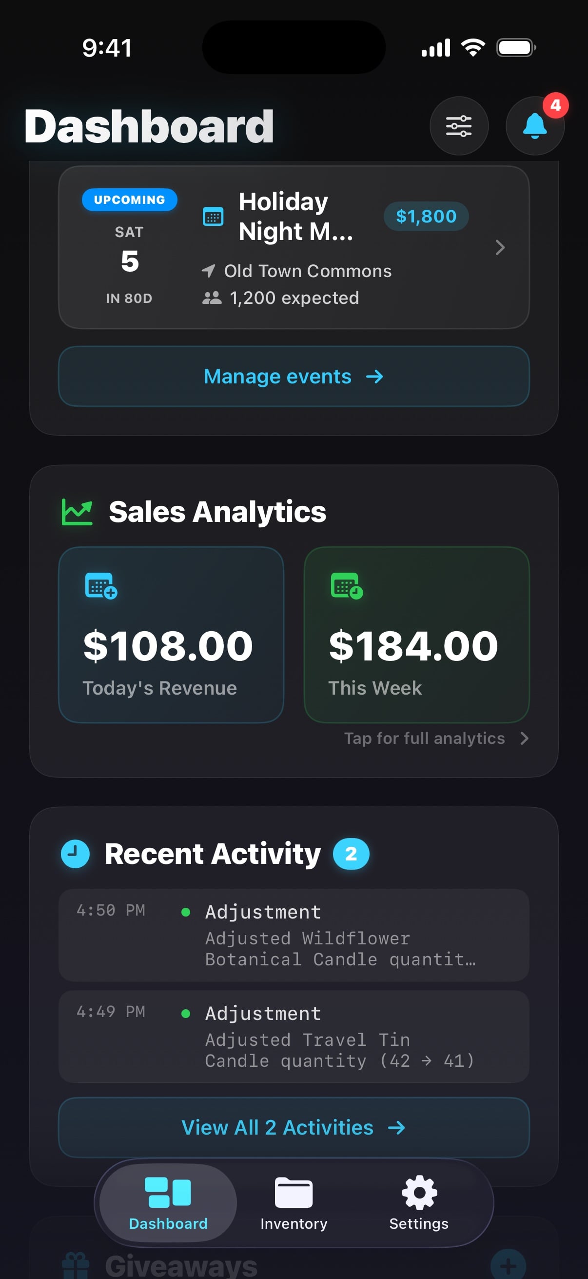 Metrix on iPhone: today's and this week's revenue, and recent activity
