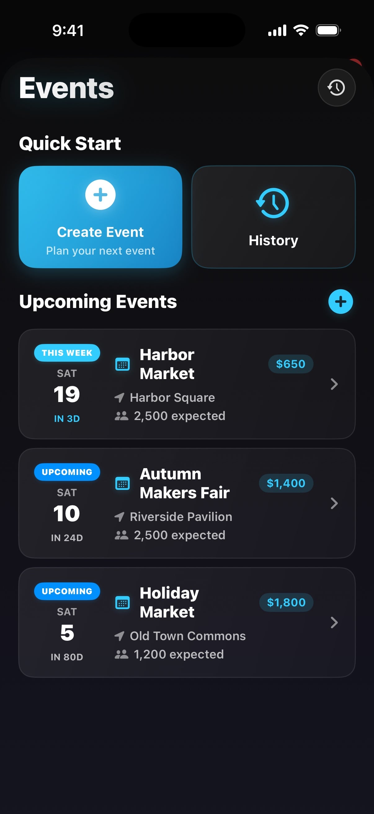 Metrix on iPhone: upcoming markets with dates, locations and revenue targets