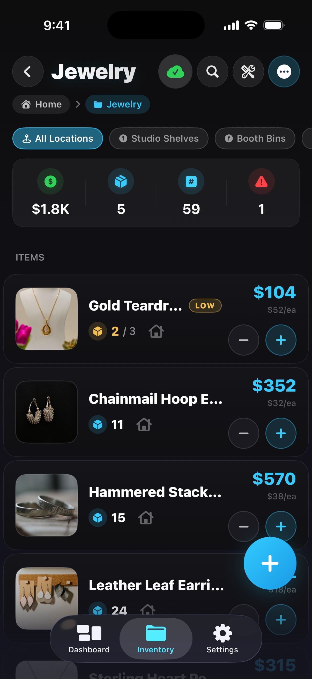 Metrix on iPhone: a folder of jewelry with prices, stock and a low-stock badge
