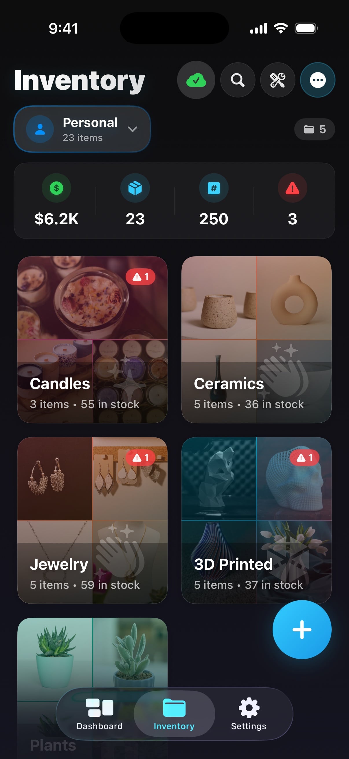 Metrix on iPhone: inventory folders with photos, stock value and low-stock alerts