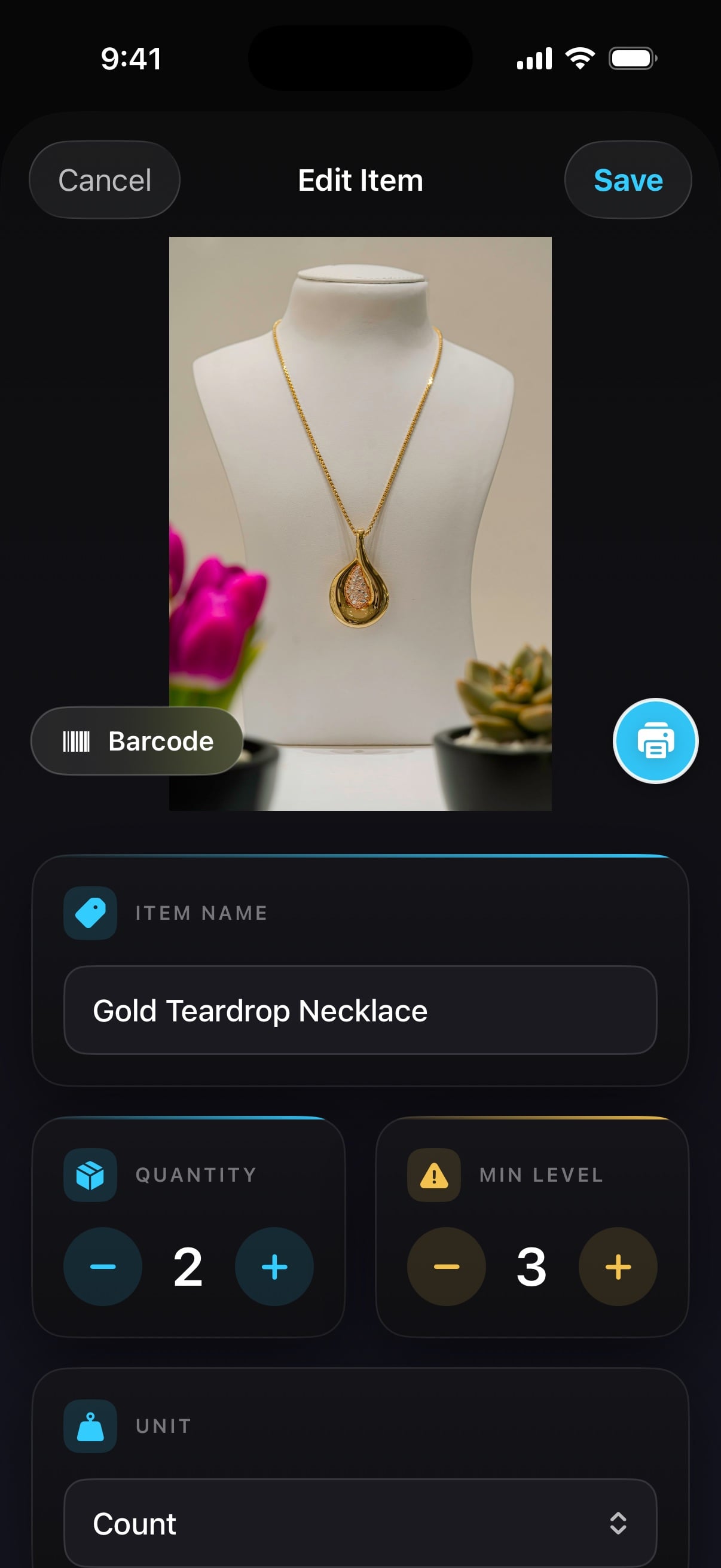 Metrix on iPhone: editing an item's photo, name, quantity and low-stock level